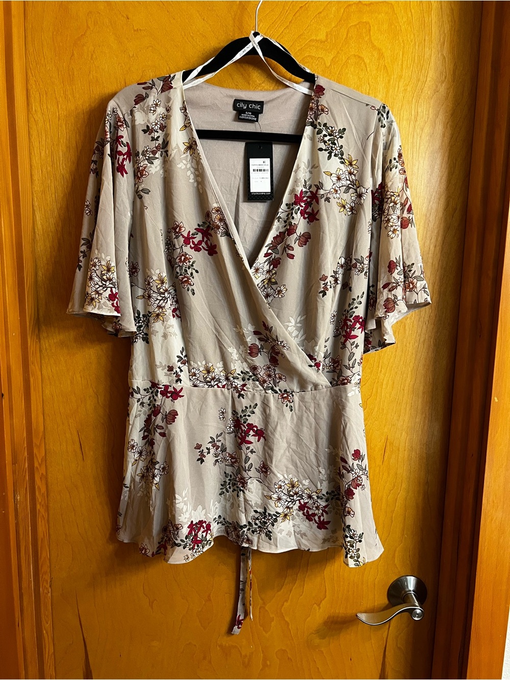 City Chic Taupe Floral Faux Wrap Top with Floral Accents